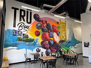 Tru Bowl restaurant interior by Jeff Smith Construction in Elk Grove. Painted feature wall inside a Tru Bowl Superfood Bar restaurant constructed by Jeff Smith Construction in Elk Grove, CA.