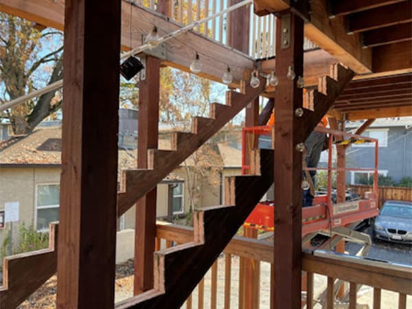 Exterior stair framing by Jeff Smith Construction in Cameron Park. Wooden frame structure of exterior stairs under construction by Jeff Smith Construction in Cameron Park, CA.