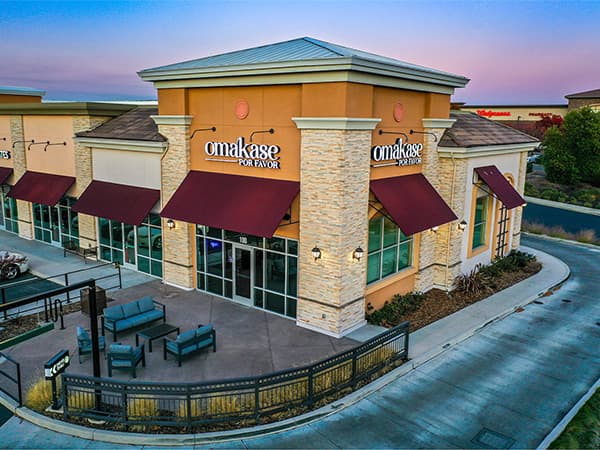 Omakase restaurant exterior by Jeff Smith Construction in Granite Bay. Aerial drone view of the exterior of Omakase restaurant built by Jeff Smith Construction in Granite Bay, CA.